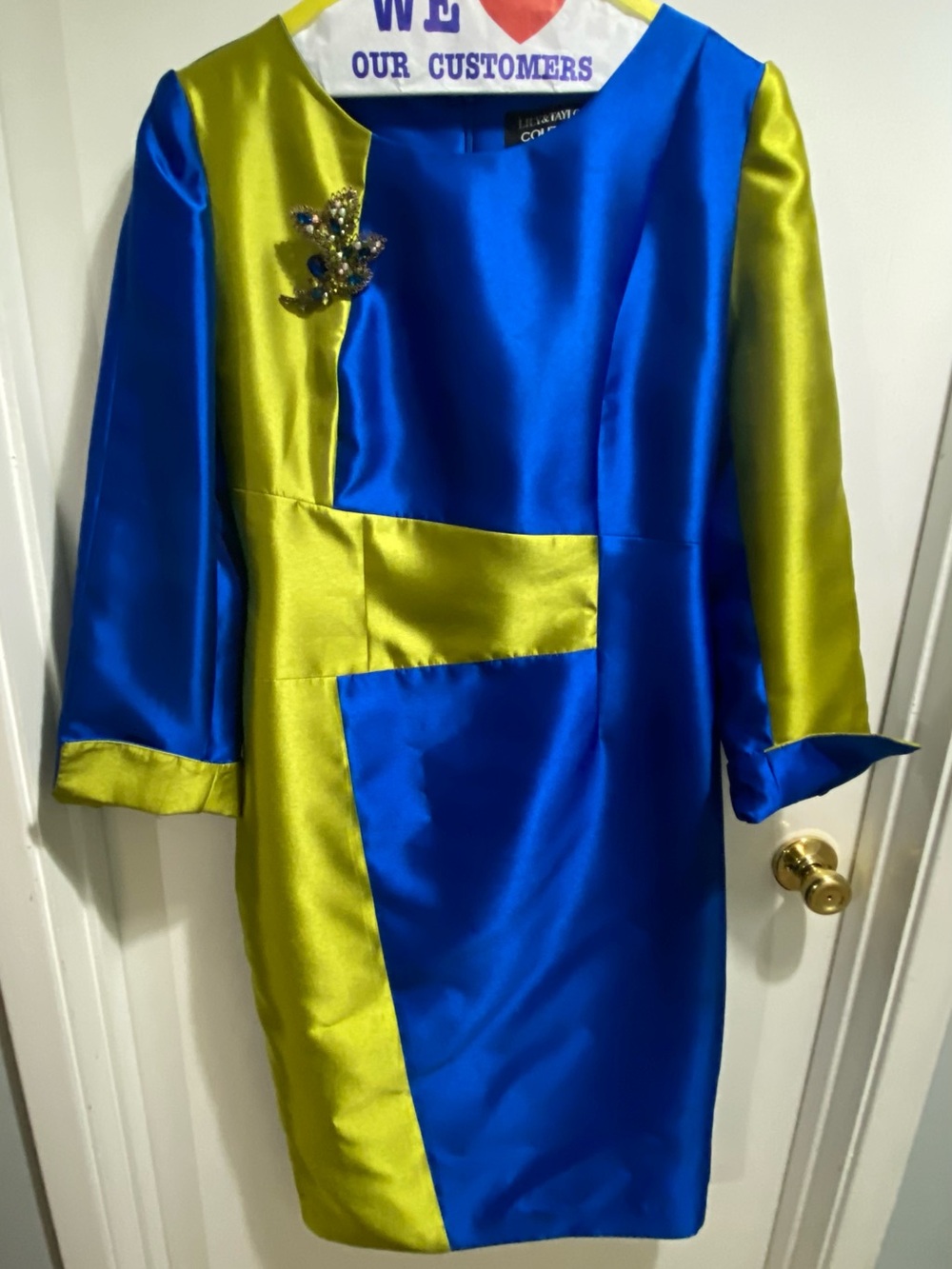 Lily & Taylor Couture Blue & Lime Satin Colorblock Dress with Detachable Brooch